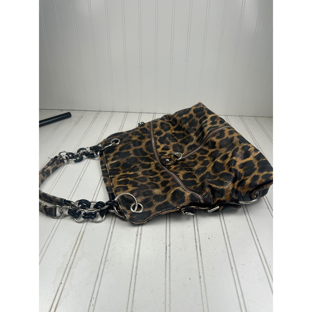 Leopard Print Slouchy Punk Grunge Edgy Vintage Y2K Chain Strap Shoulder Bag - Picture 5 of 13